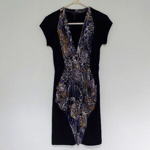 BCBGMaxAzria Black Sheath Midi Dress with Plunge Neckline & Pockets